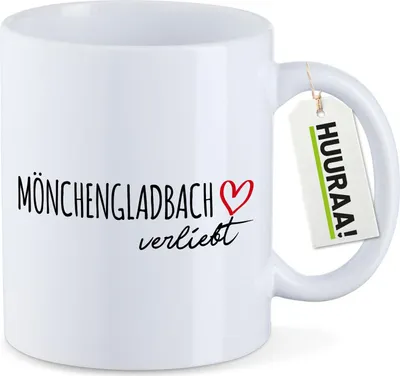 Produktbild von Huuraa Kaffeetasse Mönchengladbach verliebt 330ml Weiß Keramik Kaffeebecher Geschenkidee