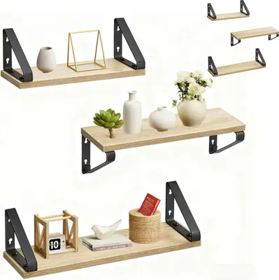 Immagine prodotto di Scaffali da parete Relaxdays, set da 6 pezzi, 3 misure: larghezza 30, 35, 40 cm, effetto legno e metallo, mensole da parete per libri e oggetti decorativi, colore naturale
