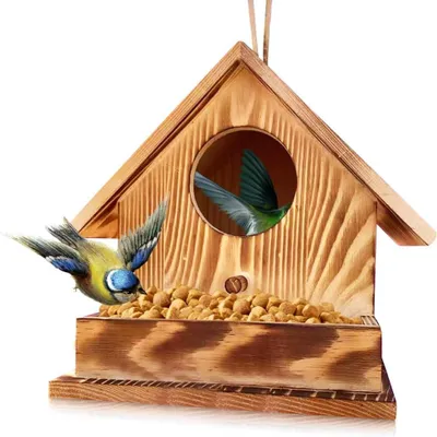 Produktbild von Hängendes Vogelhaus für den Außenbereich, Vogelhaus aus Holz, Wildvogelhaus, Kanarienvogelnest, Winterunterstand für den Außenbereich, für Rotkehlchen und Meisen im Garten (B, 17,2 x 17,2 x 17,2 cm)
