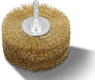 A close-up studio shot of a wire brush attachment for a power tool.