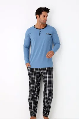 Produktbild von Herren Schlafanzug Pyjama-Set mit Brusttasche, Karierte Hose 100% Baumwolle L-3XL