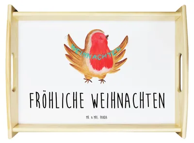 Produktbild von Mr. & Mrs. Panda Servier Tablett Rotkehlchen Weihnachten - Weiß - Geschenk, Deko, Servierplatte Holz, aus, Frohe, Vogel, Holztablett, Weihnachtsmotiv, Winter