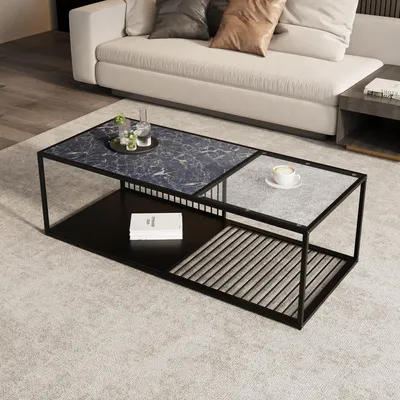 Obrázek produktu pro Konferenční stolek, 110 cm x 48 cm x 35 cm, kovaný konferenční stolek se skleněnou deskou a velkým úložným prostorem - černý