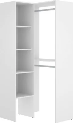 A white corner wardrobe structure with shelves and hanging rails.