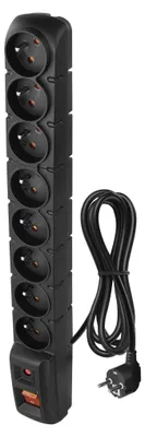 Přepěťová ochrana – 8 zásuvek, 1,5m, černá