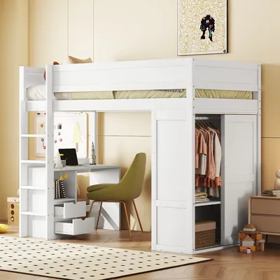 A child's bedroom featuring a white loft bed with an integrated desk and wardrobe. The bed is made up with bedding, and a green chair is positioned at the desk. The wardrobe is open, showing clothes on hangers. A rug with a polka dot pattern is on the floo
