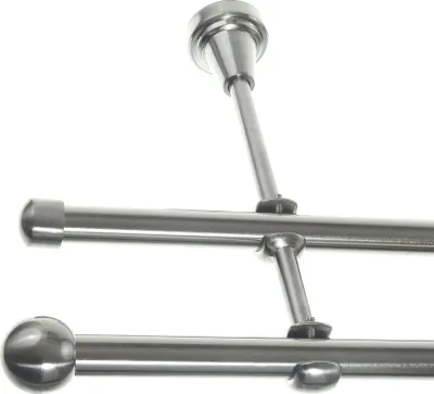 Produktbild von Gardinenstange Set Edelstahl Look Metall Ø 16mm zur Wandbefestigung 2-lauf Kugel, Länge wählbar H24 E22 E17