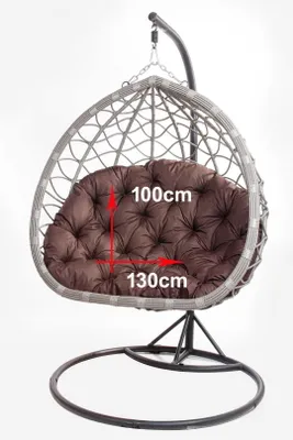 A hanging egg chair with a brown cushion, shown against a white background with dimensions indicated.