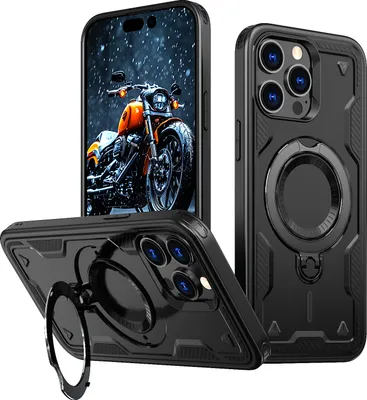 Produktbild von Dual Layer Hülle für iPhone 14 Pro Max Metall Ring Ständer Magnetisch Stoßfest Militär Handyhülle Schwarz