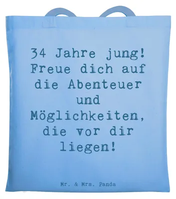 Produktbild von Mr. & Mrs. Panda Beutel Spruch 34. Geburtstag - Sky Blue - Geschenk, Schultasche, Stoffbeutel, Erfolge feiern, Jutebeutel, Alter, Tote Bag, Happy Birthday, Weisheit
