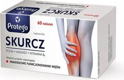 A box of Protego SKURCZ tablets, showing a graphic of a hand on a calf muscle.