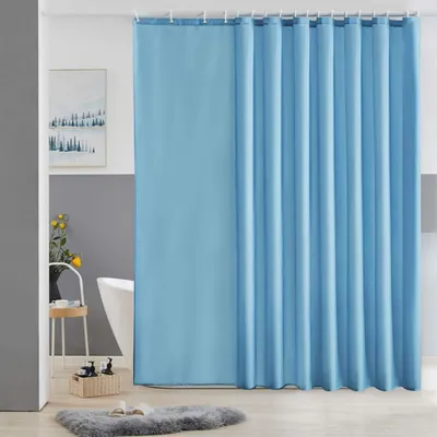 Image de Rideau de douche extra long, anti-moisissure, étanche, bleu clair, 275x180 cm, avec 18 anneaux de suspension