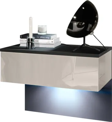 Produktbild von Vladon Nachttisch Sleep,  Germany, Nachttischschrank mit Schublade zur Wandmontage, Schwarz matt/Sandgrau Hochglanz, inkl. LED-Beleuchtung (60 x 46 x 35 cm)
