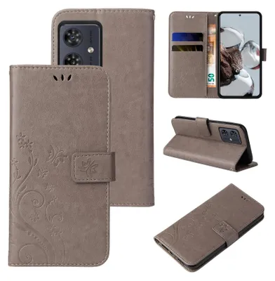 A collage of images showing a flip phone case with a floral and butterfly design.