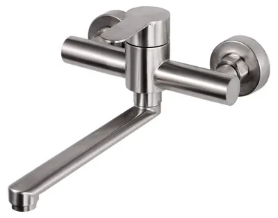 Produktbild von Wasserhahn zur Wandmontage, 360° drehbarer Edelstahl Wasserhahn für die Küche, Einhebelmischer für kaltes und heißes Wasser, Wandarmatur mit Schwenkarm 23 cm, gebürstet