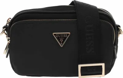A black Guess crossbody camera bag with a gold logo.