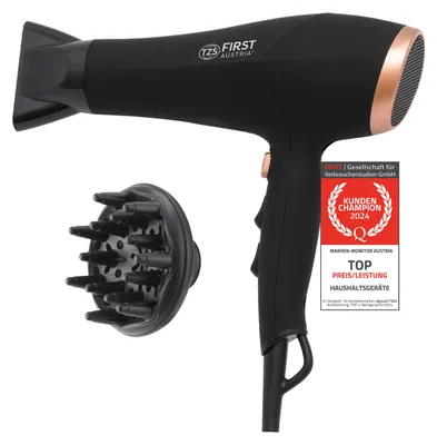 Image de Sèche-cheveux TZS First Austria, 2200 W, ions, coiffage en douceur, 3 niveaux de chaleur et 2 niveaux de ventilation, fonction Cool Shot pratique, diffuseur inclus, noir-rosé