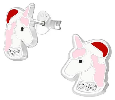Produktbild von Weihnachtsohrringe: Kinder Ohrstecker Silber 925 „Einhorn mit Weihnachtsmütze“