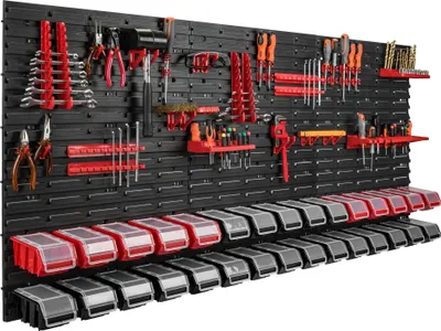 Produktbild von 30 Stapelboxen Wandregal Kunststoff Deckel 172 x 78 cm Werkzeughalter Werkstatt Garage Lagersystem Sichtlagerkästen Schütte