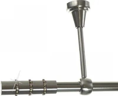 A close-up of a curtain rod with a ceiling bracket.