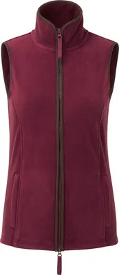 A burgundy fleece vest with brown trim and a zipper.