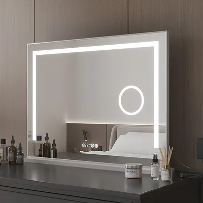 Produktbild von Kosmetikspiegel Led beleuchtet Hollywood Spiegel 80x60 cm mit Beleuchtung,digital Uhr, 3-fach vergrößerung,Aluminiumrahmen,3 Lichtfarben,dimmbar,Make up Spiegel für Tischspiegel,LED-Lichtspiegel