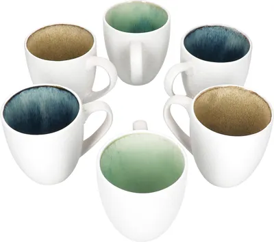 Produktbild von PAXOS 6er Set Kaffeebecher Steingut weiß blau grün beige Tee Tasse