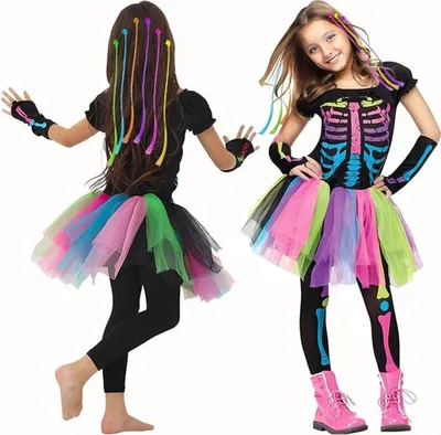 Mädchen Skelett Kostüm für Halloween, Party, Karneval und Cosplay mit mehrfarbigen Accessoires