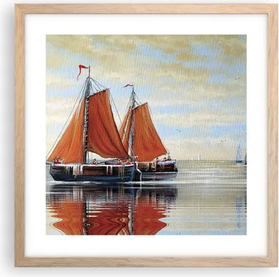 Produktbild von Gerahmtes Poster - Rahmen in heller Eiche - Segelschiffe Öl Orange - 40x40 cm - Wand Bild - Wanddeko - Wandbilder - Kunstposter - Wandposter - Bilderrahmen - Bilder - Kunstdruck - P2NAC40x40-4404