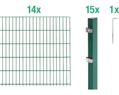 Obrázek produktu pro Alberts 653361 Doppelstabmattenzaun als 30 tlg. Zaun-Komplettset, grün, Höhe 140 cm, Länge 28 m