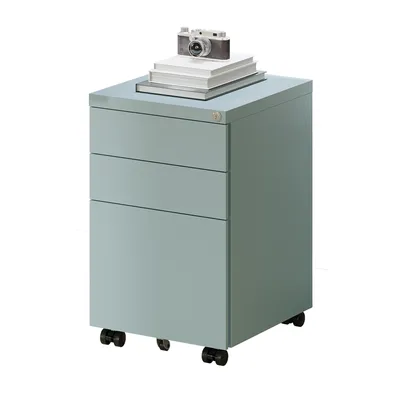 A light blue filing cabinet with three drawers sits on black casters. A vintage-style camera sits on a stack of books on top of the filing cabinet.