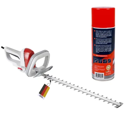 A hedge trimmer and a can of spray are shown on a white background.