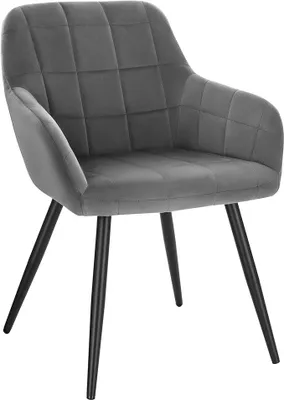 Image de Ensemble de chaises de salle à manger, comprenant : fauteuil, chaise de cuisine, fauteuil rembourré, chaise de salon avec accoudoirs, assise en velours, pieds en métal, couleur gris foncé