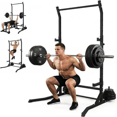 Imagen del producto de Jaula de potencia para sentadillas, torre de fuerza multifuncional para gimnasio en casa, barra para dominadas, ganchos en J ajustables y barras de seguridad para ejercicios con barra