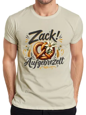 Immagine prodotto di Zack! Maglietta da uomo a tema bavarese, con motivo "Brezel" (pane bavarese), ideale per l'Oktoberfest, realizzata in cotone, colore naturale, taglia S