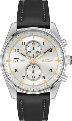 A close-up studio shot of a Hugo Boss analog watch with a silver dial, black leather strap, and gold accents.