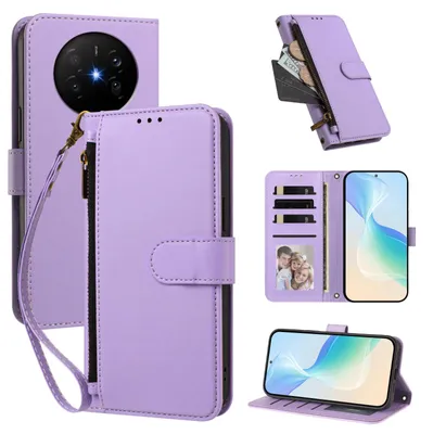 Obrázek produktu pro Peněženkové pouzdro pro Huawei Mate 70 Air,Polyuretankožené pouzdro s přihrádkami na karty, stojánkem a poutkem na ruku Světle fialová