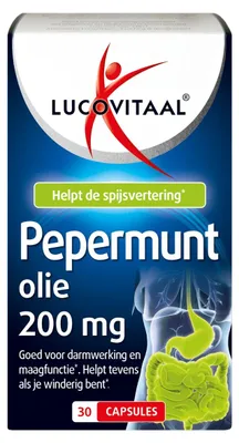 Productafbeelding van Lucovitaal Pepermuntolie 200 mg, 30 Capsules, Maagsapresistent, Geen Zout of Suiker Toegevoegd, Voedingssupplement voor Volwassenen