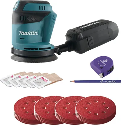 Produktbild von Makita Akku Exzenterschleifer 18V DBO180Z + Schleifscheiben Set 4-teilig K60/80/120/180