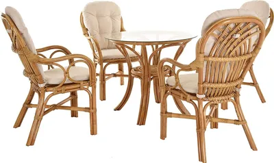 Produktbild von KRINES HOME Rattan Wintergartenset "Capri" Rattanset 5 teilig Wintergarten Rattan Garnitur 4 Personen Sitzgruppe Natur Rattanmöbel Set Rattangruppe (Honig-Dunkel)