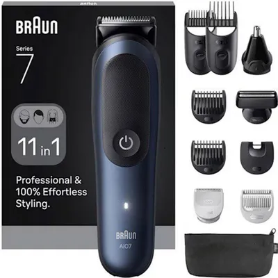 A Braun Series 7 All-in-One hair trimmer and its accessories are displayed against a dark background.