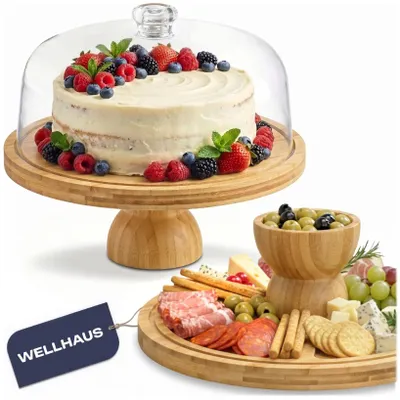 Produktbild von WELLHAUS Tortenplatte Bambus mit Haube 30cm 2in1 Käsebrett