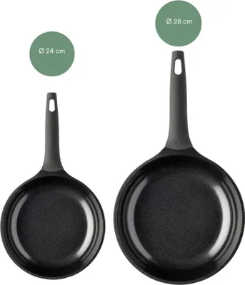 Two frying pans of different sizes are shown against a white background, with circular callouts indicating their diameters.