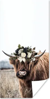 Produktbild von MuchoWow® Poster Schottischer Highlander - Blumen - Tiere 60x120 cm - Wandschmuck