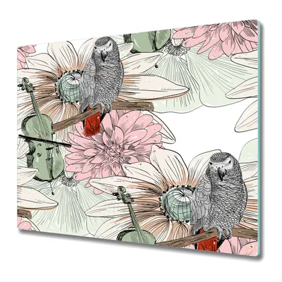 Produktbild von Küchenschneidebrett - Glasschneidebrett - Herdabdeckung - 60x52 - Papagei und Blumen