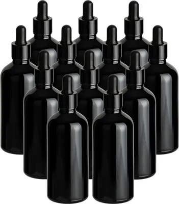 Immagine prodotto di set di 12 bottiglie con pipetta da 100 ml in vetro nero lucido - Bottiglia da farmacia vuota in vetro - Bottiglia con contagocce con pipetta in vetro