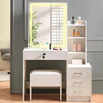 Immagine prodotto di Comò da trucco con illuminazione, specchio, regolazione della luminosità e 4 cassetti