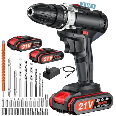 Obrázek produktu pro Akumulátorová příklepová vrtačka 21 V – vrtačka a šroubovák – točivý moment 45 Nm – 2 lithiové akumulátory – 2500 ot./min – 650 W
