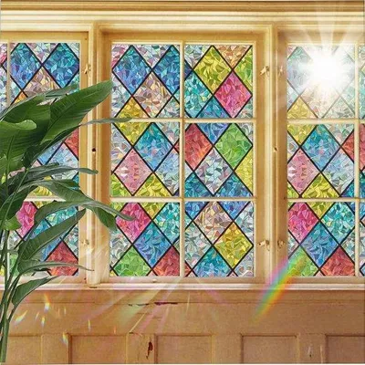 Produktbild von Kristalloberflächen-Schutzfolie mit Glasdekor für Buntglas - Transparente Glasfolie ohne Klebstoff - 110 x 560 cm
