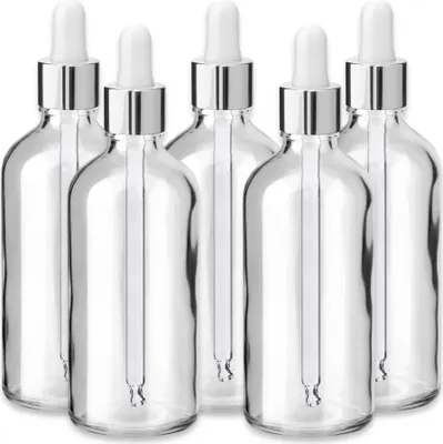 Produktbild von x5 Glasflasche klar 100 ml mit silberner Aluminiumpipette Nachfüllbar